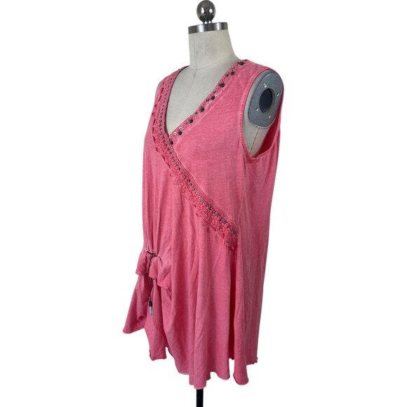 Angels Never Die Tank Dress Womens 4 Coral Sleeveless Beaded Crochet Boho Artsy - Picture 2 of 11